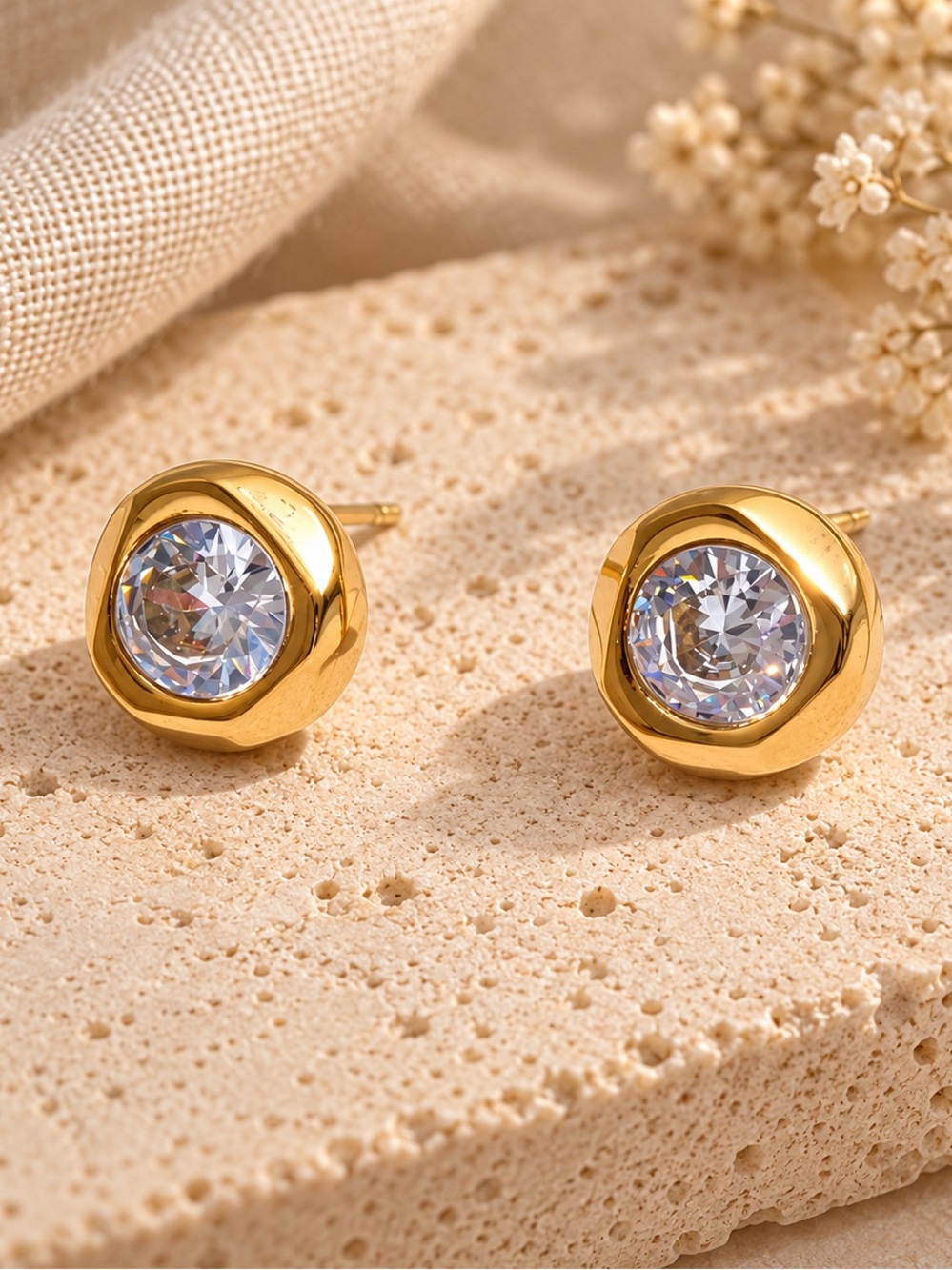 Anthropologie Gold Round Zirconia Stud Earrings - Stainless Steel